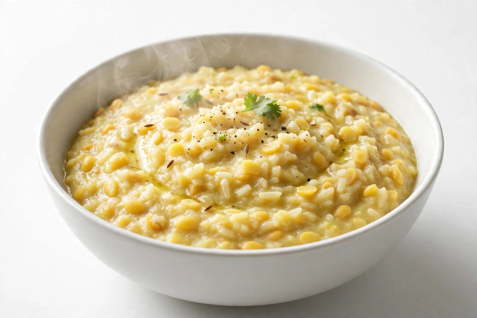 Sattvik khichdi without onion and garlic in a white ceramic bowl