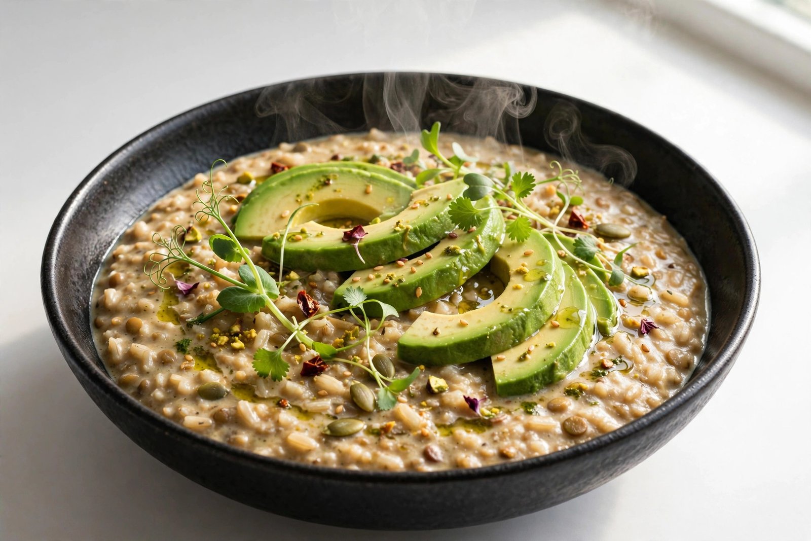Avocado creamy brown rice khichdi in a dark premium bowl