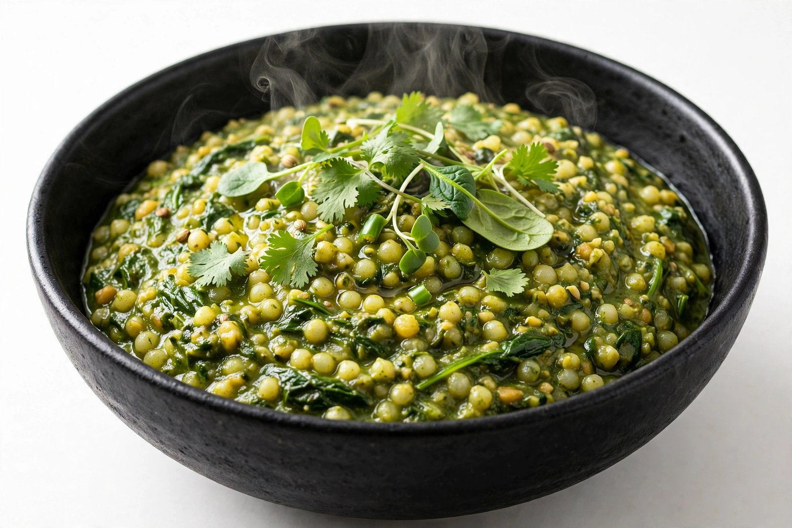 Bajra palak khichdi in a black bowl