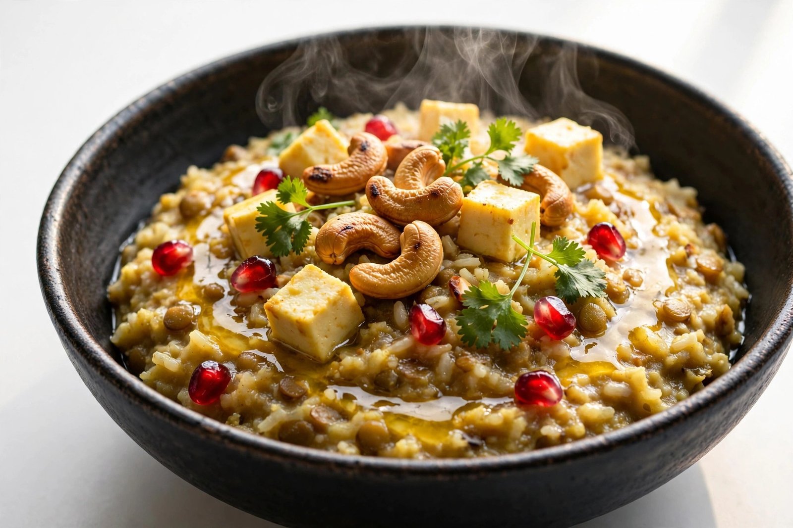 Bika's Kitchen special khichdi with rich garnish in a dark premium bowl