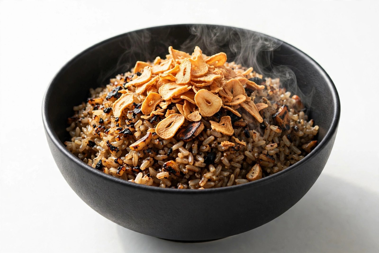 Burnt garlic brown rice in a black bowl