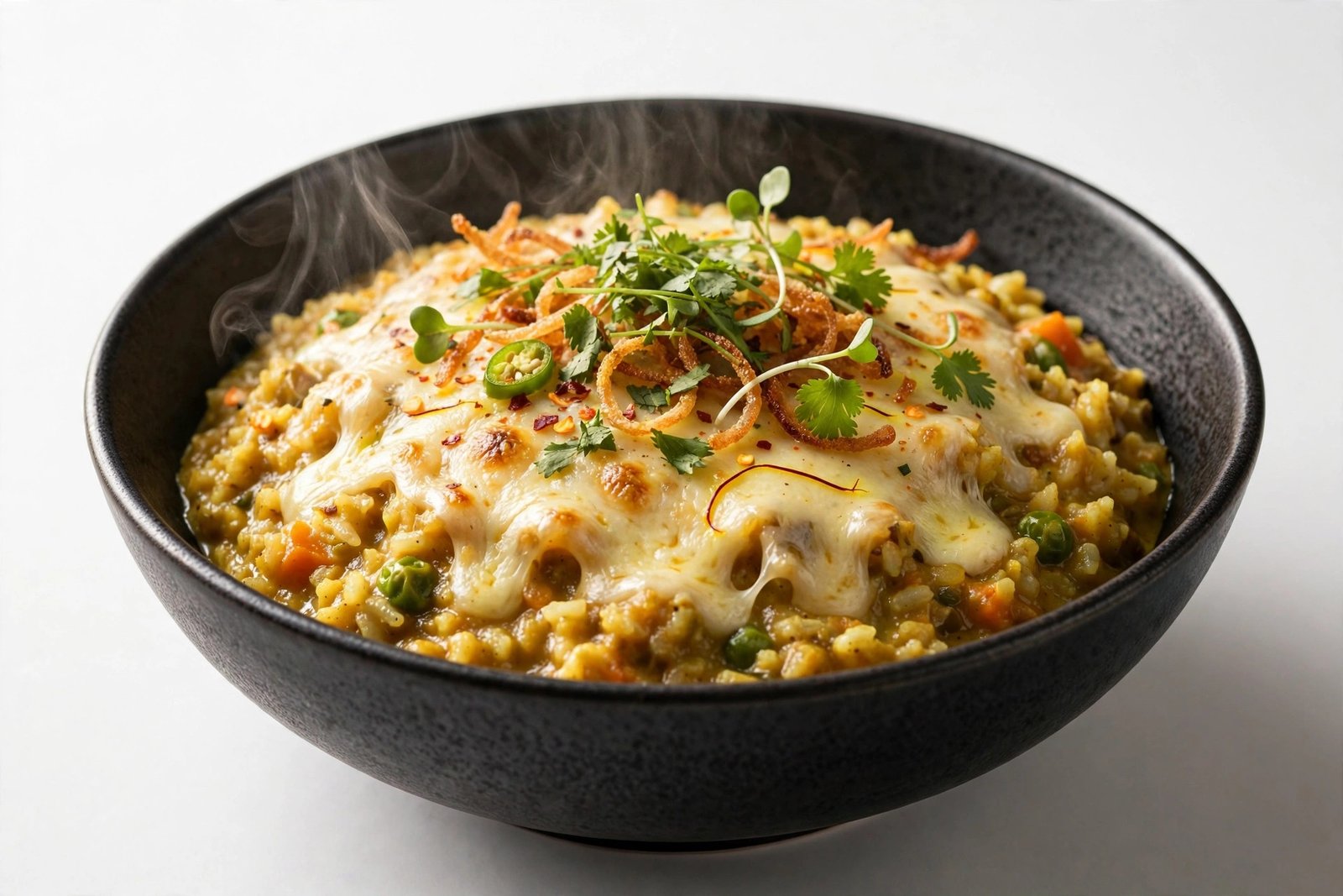 Cheese masala khichdi with melted cheese in a dark premium bowl