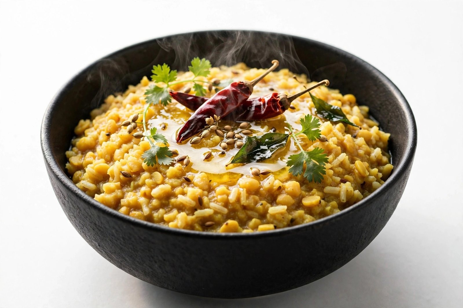 Dal khichdi with ghee tadka in a matte black bowl