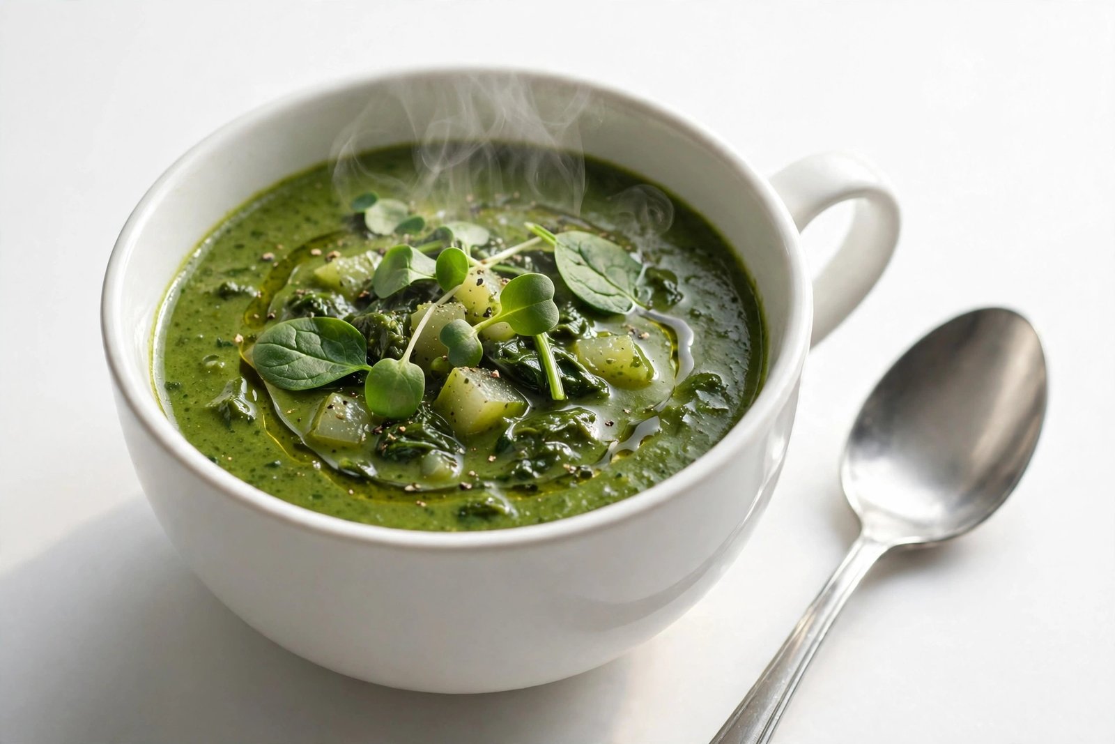 Dudhi palak soup in a white soup cup