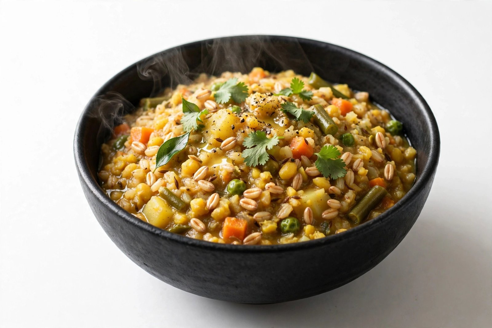 Fada broken wheat khichdi in a black bowl