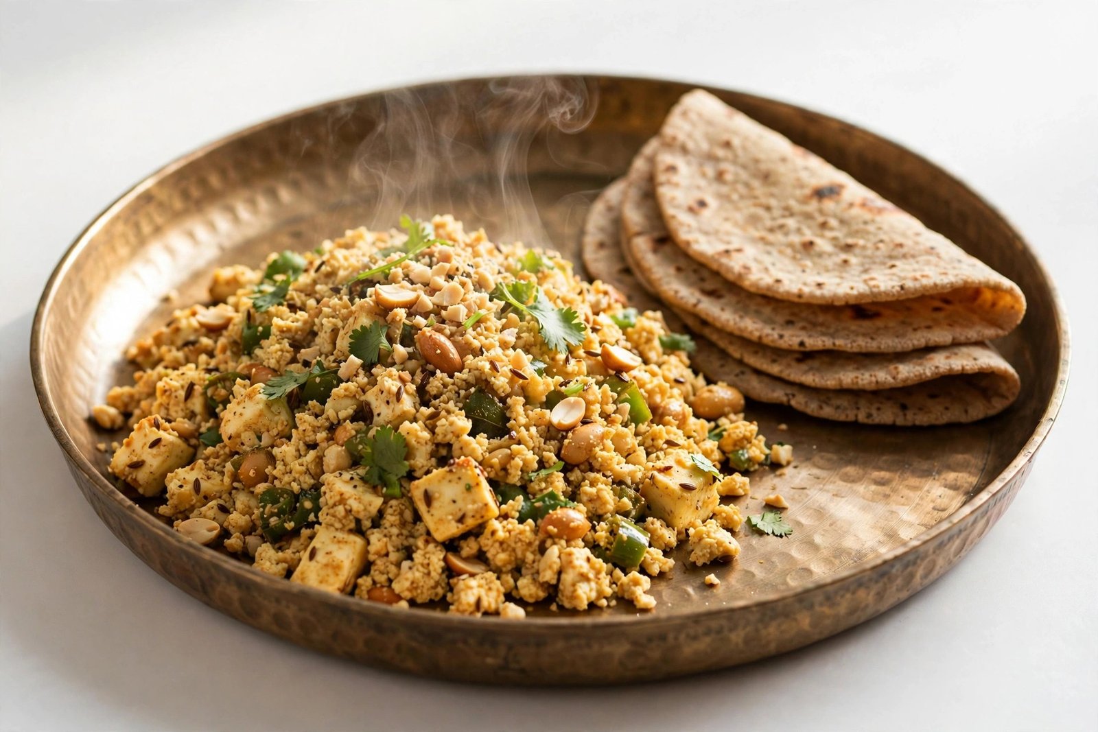 Farali paneer bhurji with rajgira roti on a kansa thali