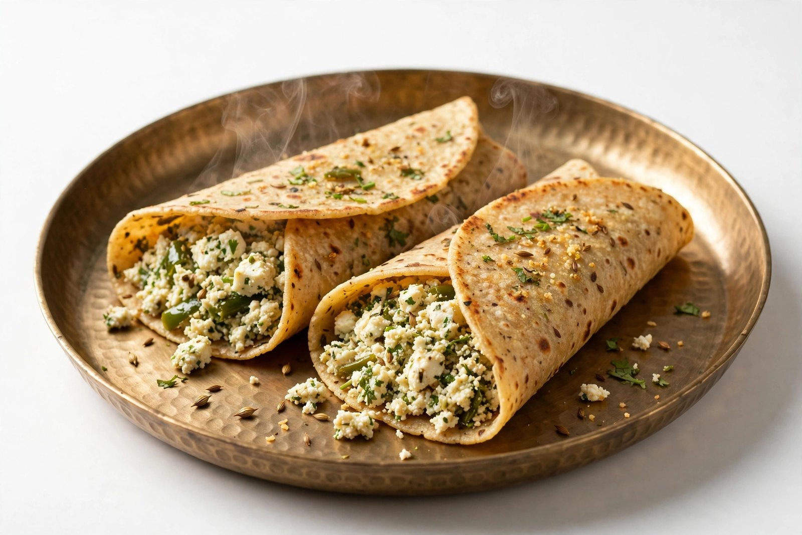 Farali rajgira paneer stuffed chilla on a kansa thali