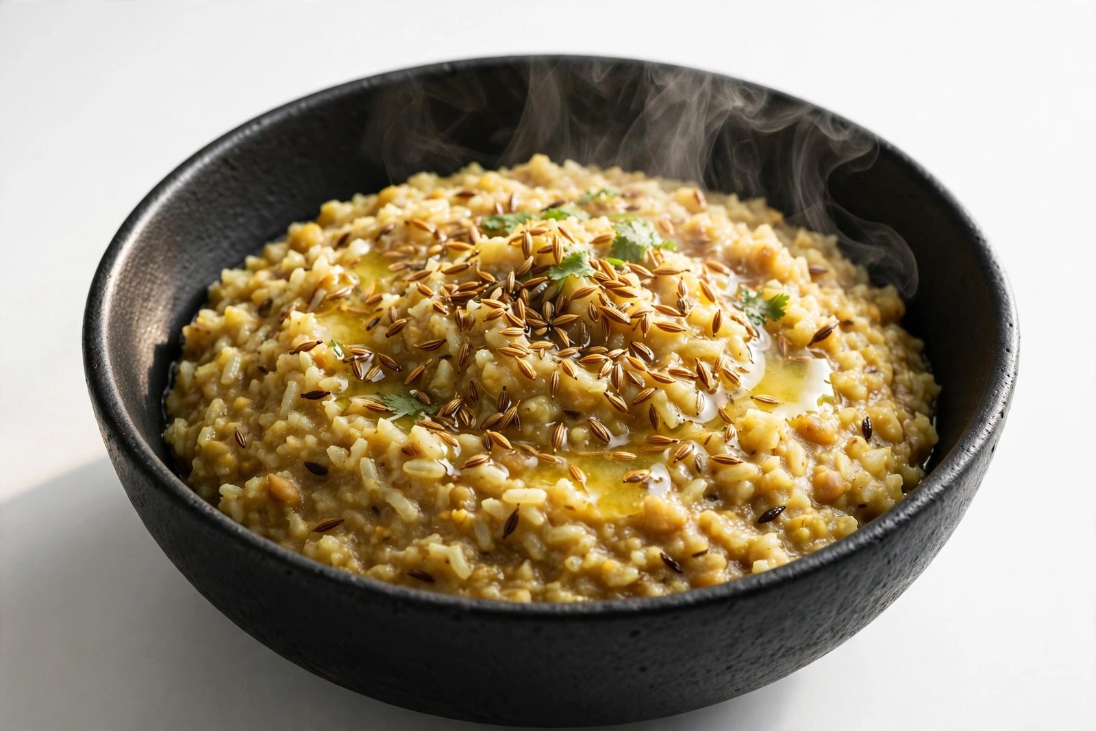 Ghee jeera khichdi with cumin tempering in a matte black bowl