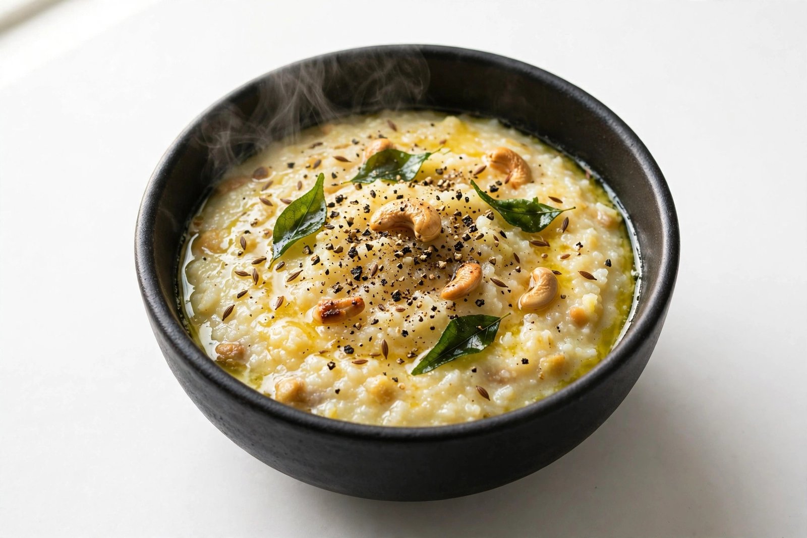 Ghee pongal in a black bowl