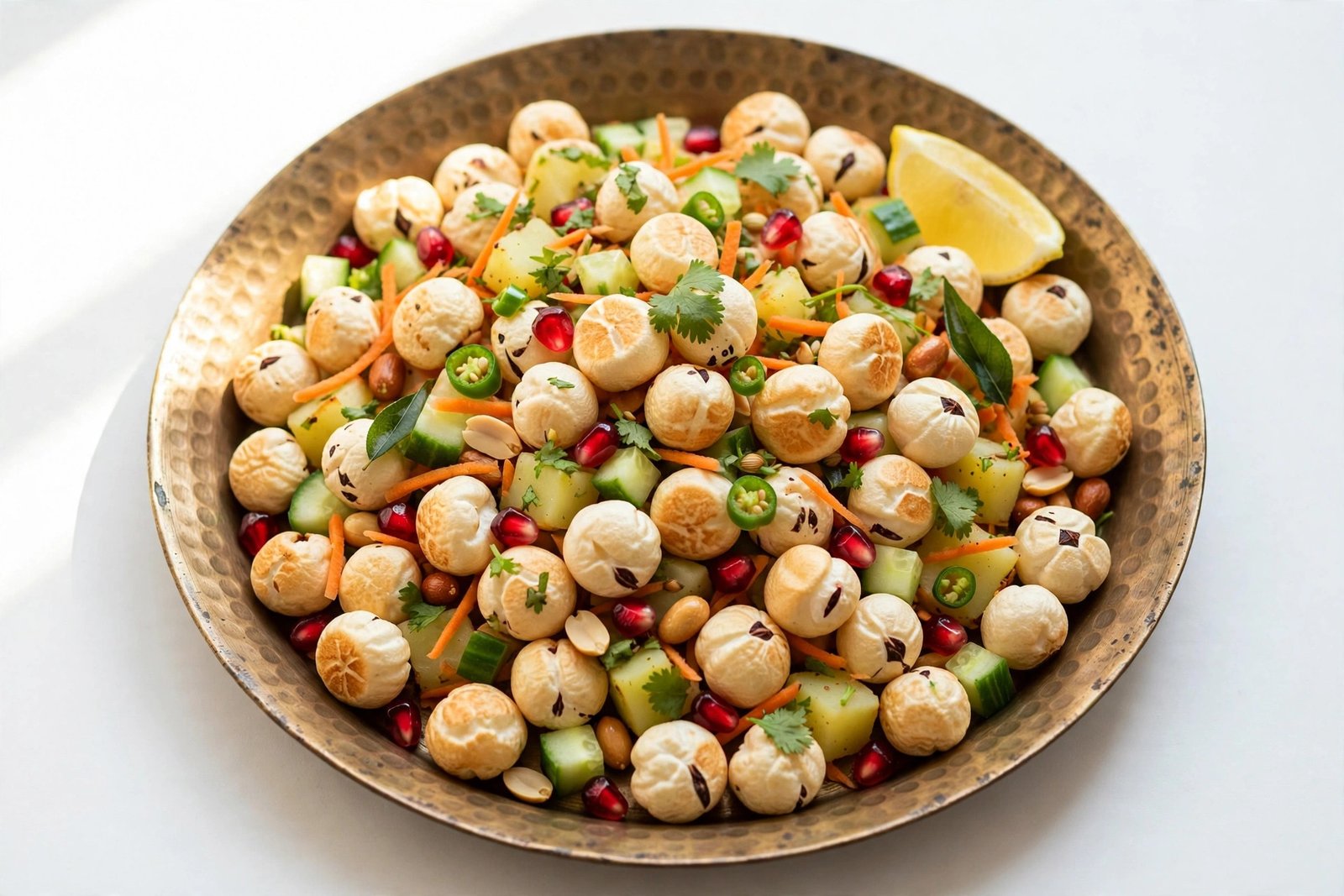 Healthy farali makhana bhel on a kansa thali