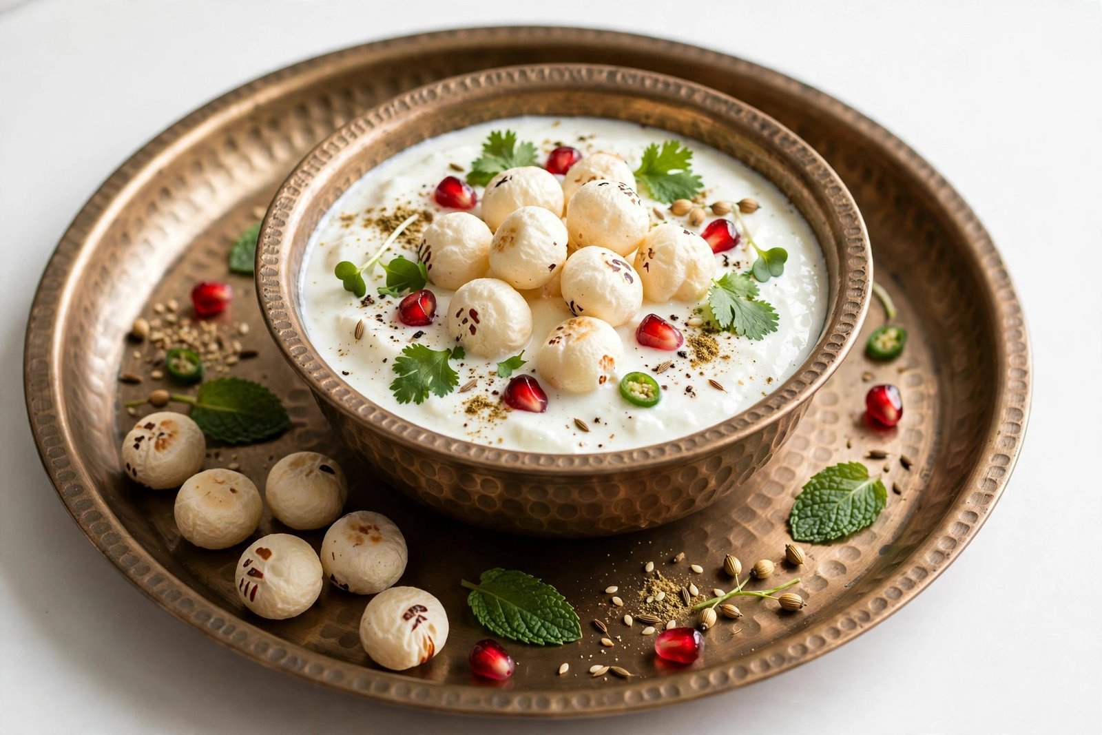 Healthy makhana dahi bowl on a kansa thali