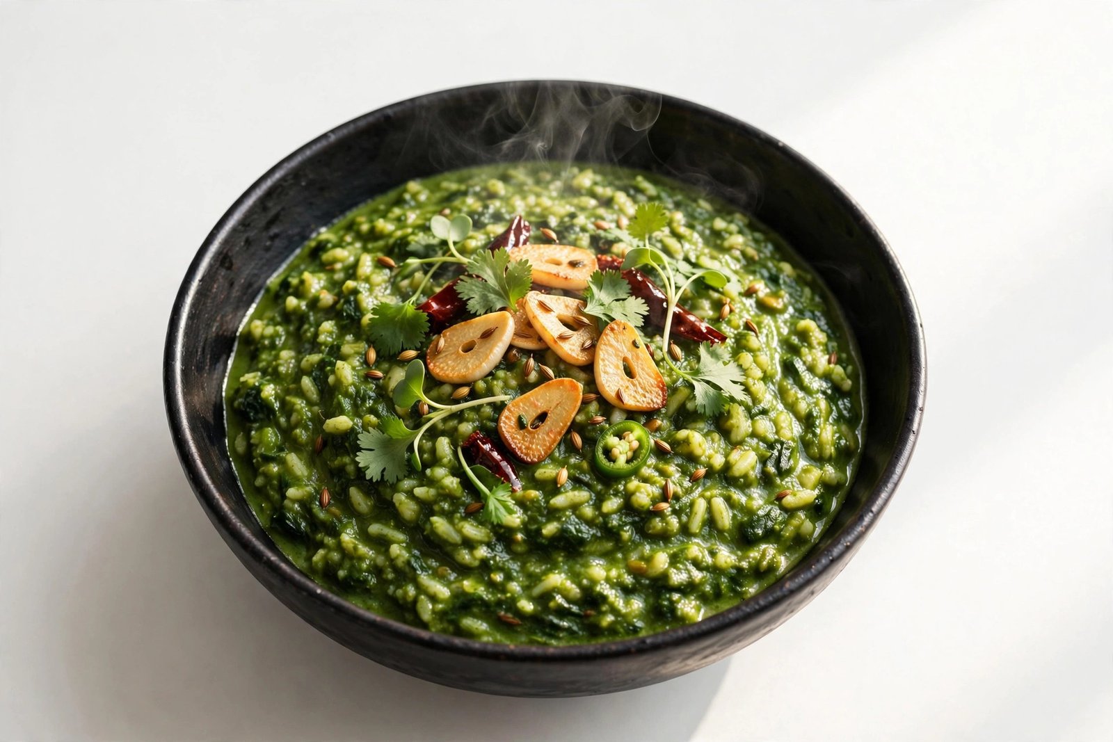 Healthy palak lasuni khichdi in a black bowl