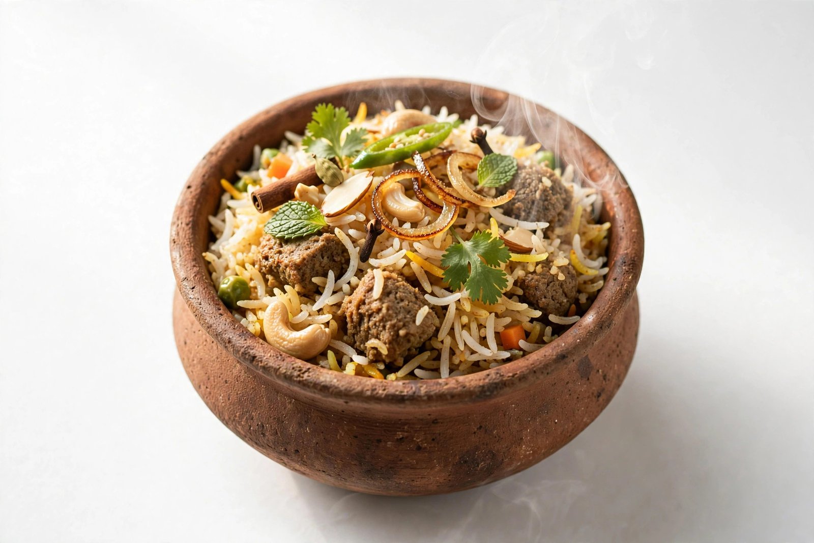Healthy soya chunk biryani in a small handi