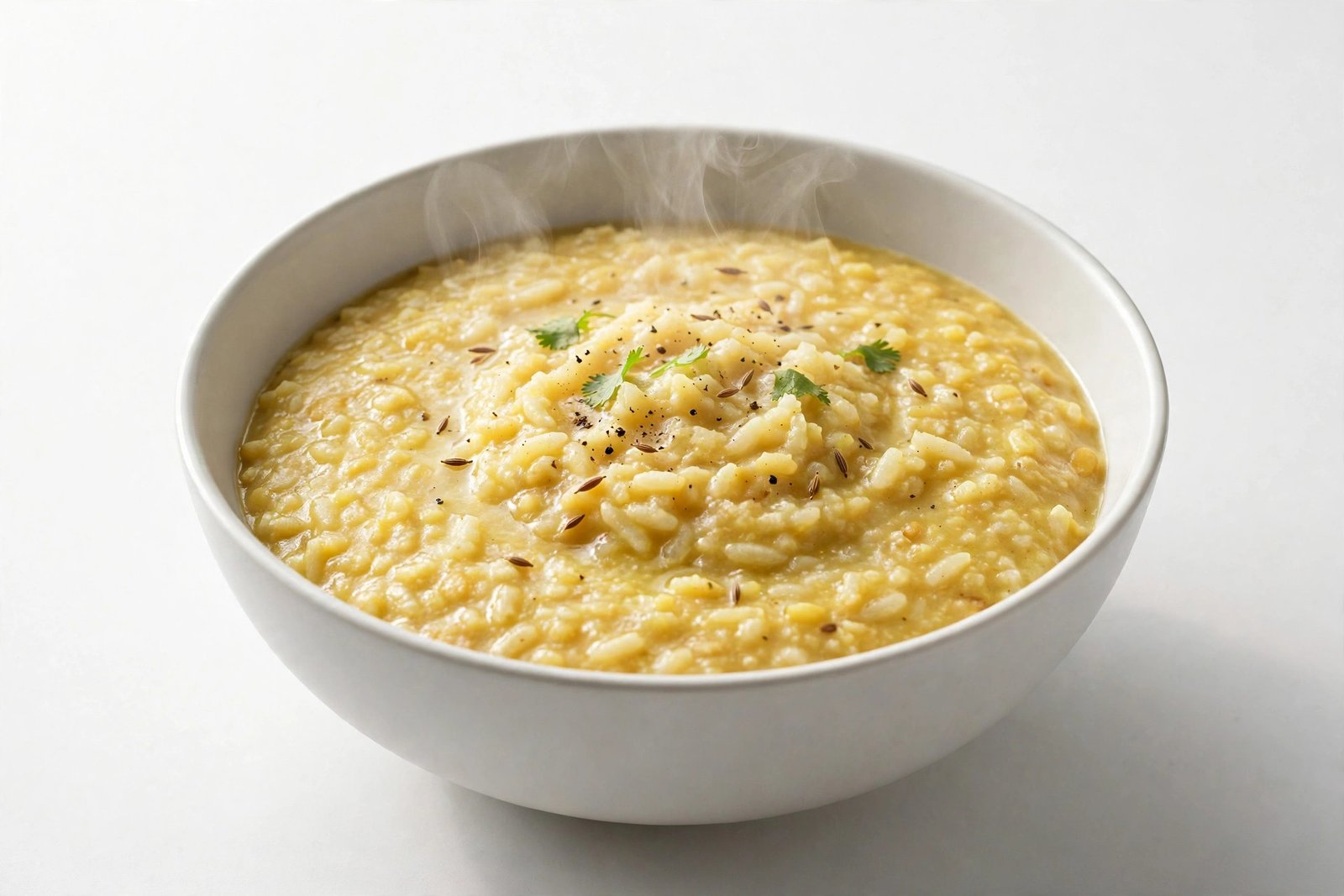 Jain khichdi in a white ceramic bowl with light garnish