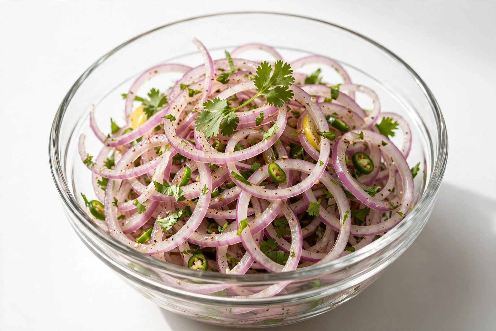 Laccha onion salad in a glass bowl