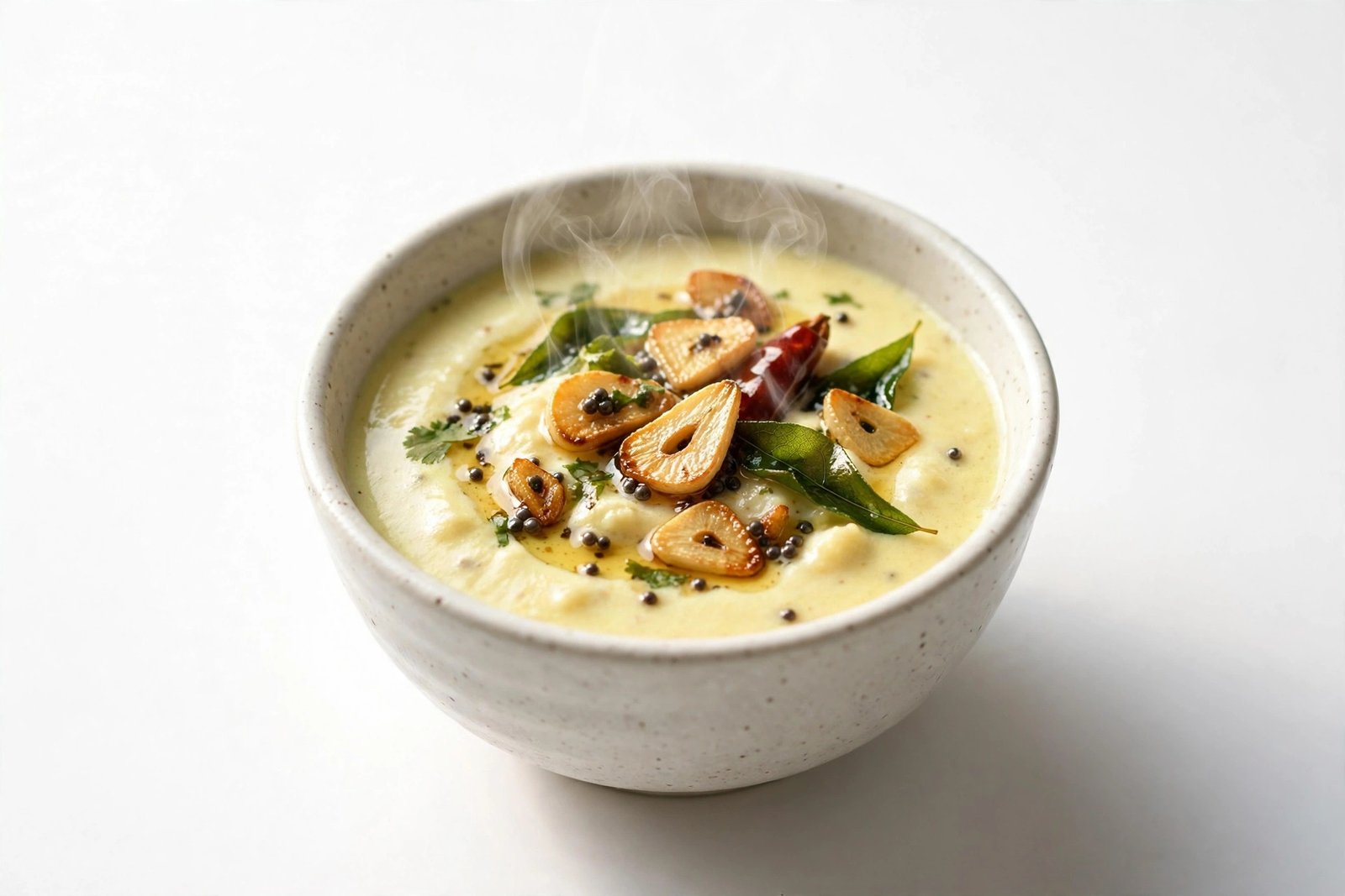 Lasuni garlic kadhi in a ceramic katori