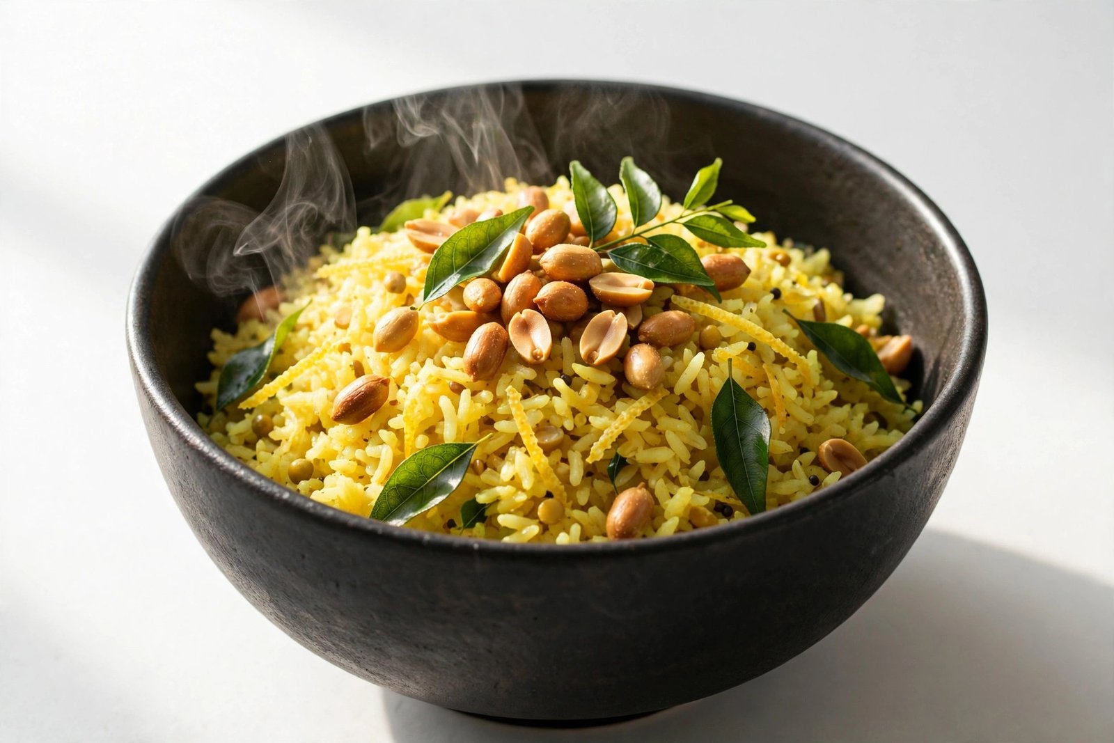 Lemon rice in a black bowl