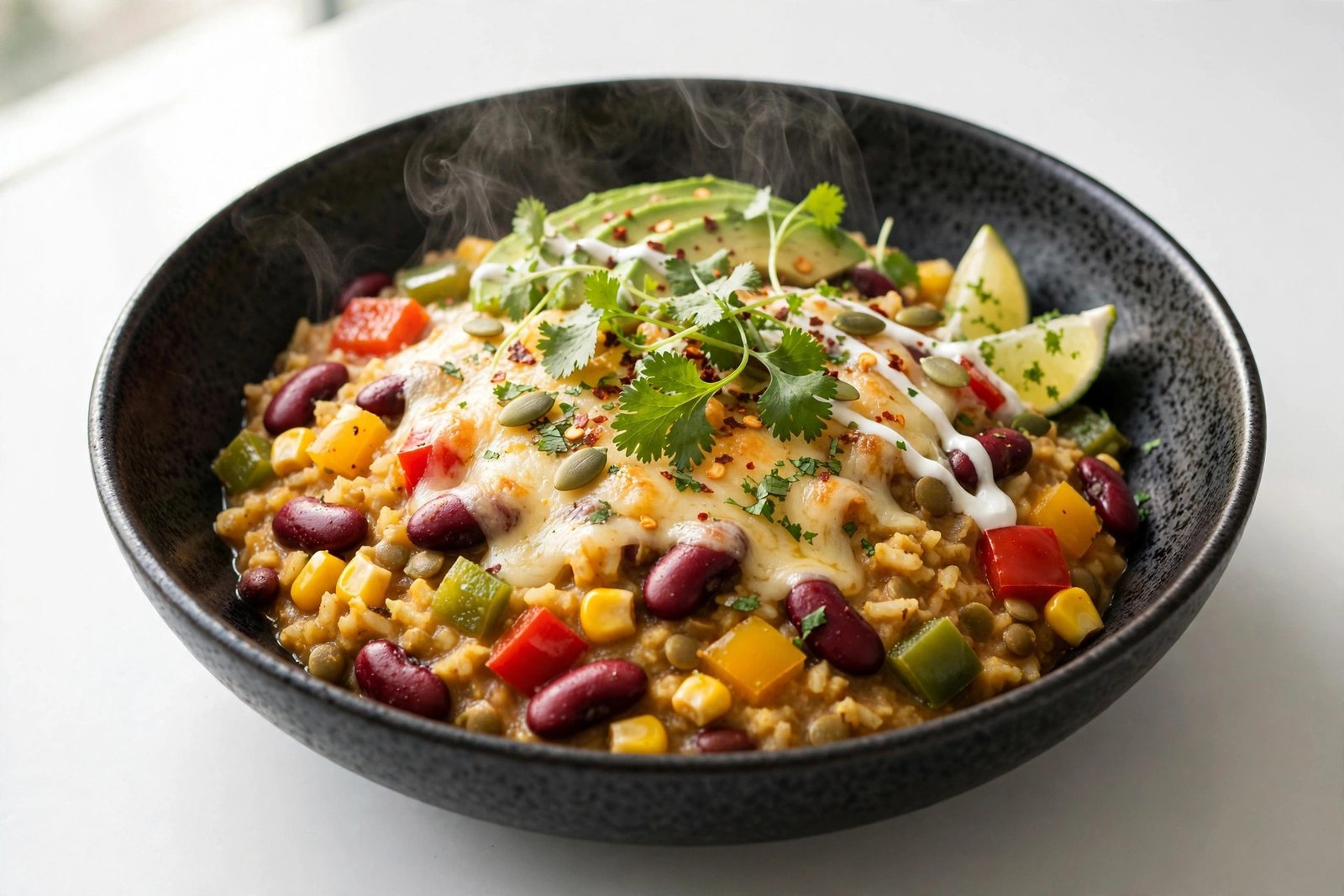 Mexican khichdi with beans and cheese in a dark premium bowl