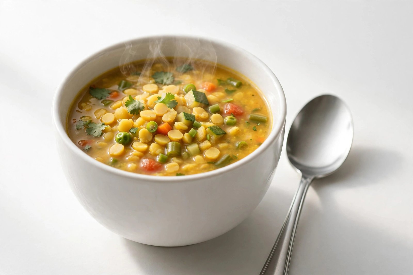 Moong dal mix veg soup in a white soup cup