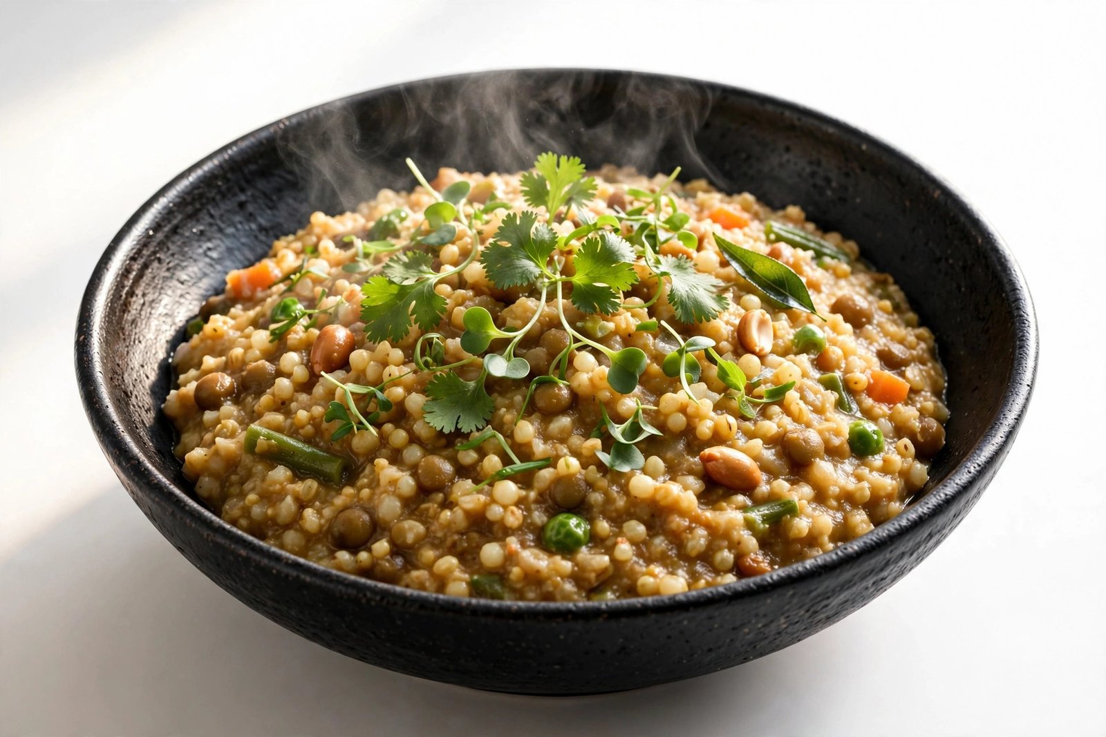 Multi millet khichdi in a black bowl