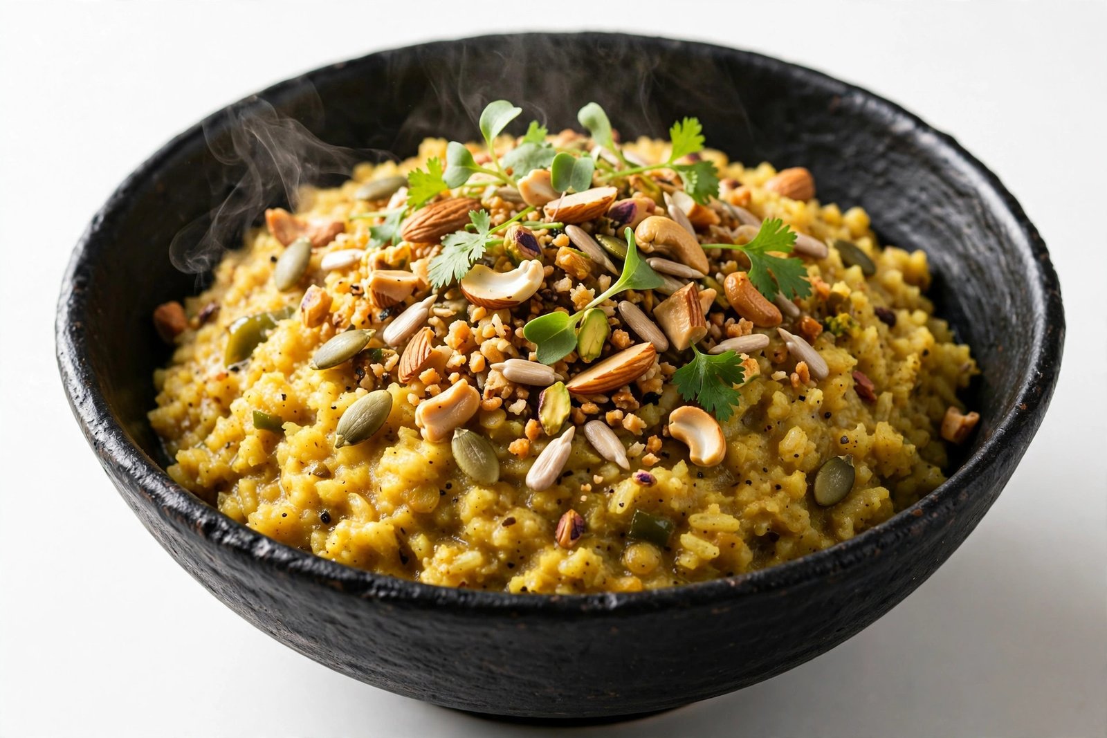 Nutri crunch khichdi with seeds in a black bowl