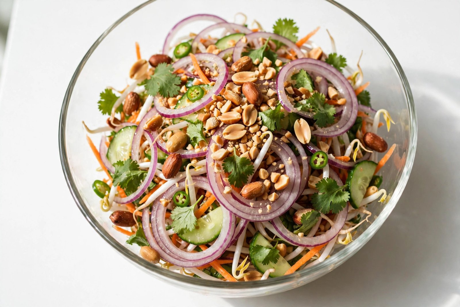 Onion peanut salad in a glass bowl