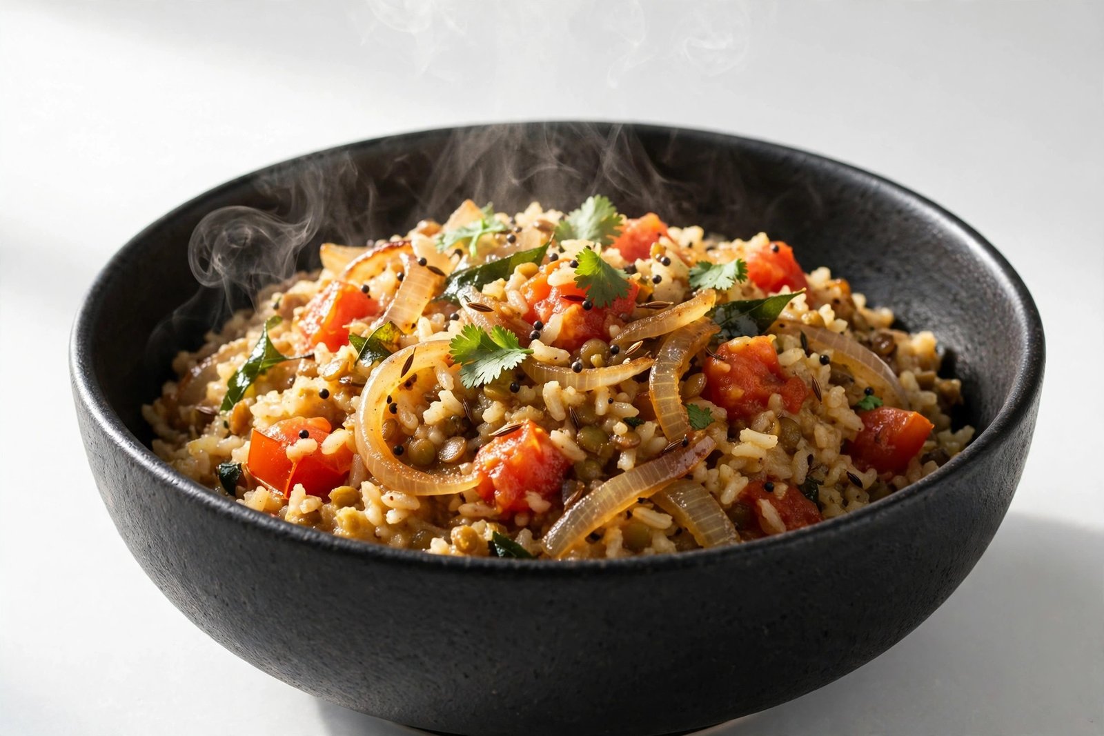 Onion tomato khichdi in a matte black bowl