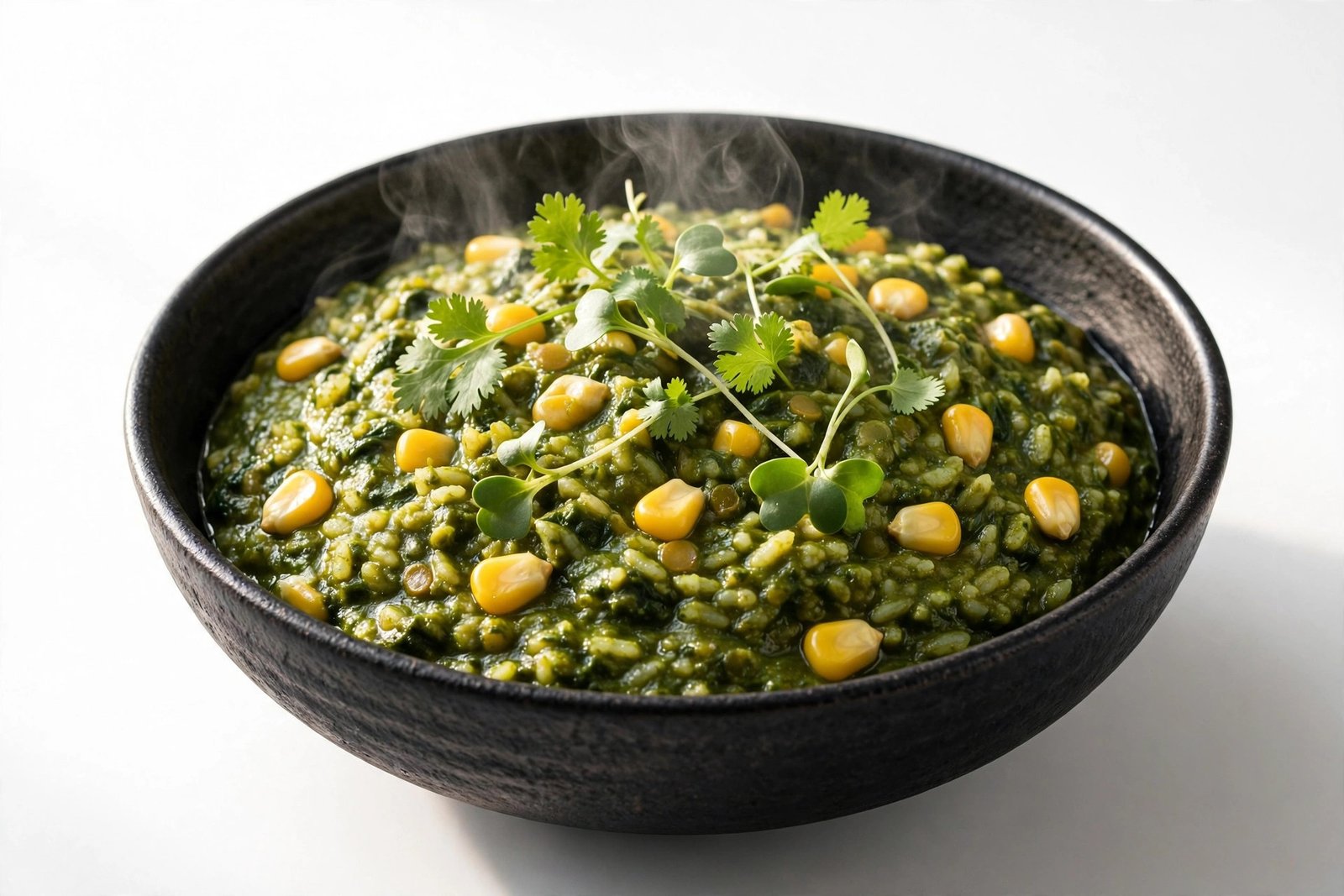 Palak corn khichdi in a black bowl