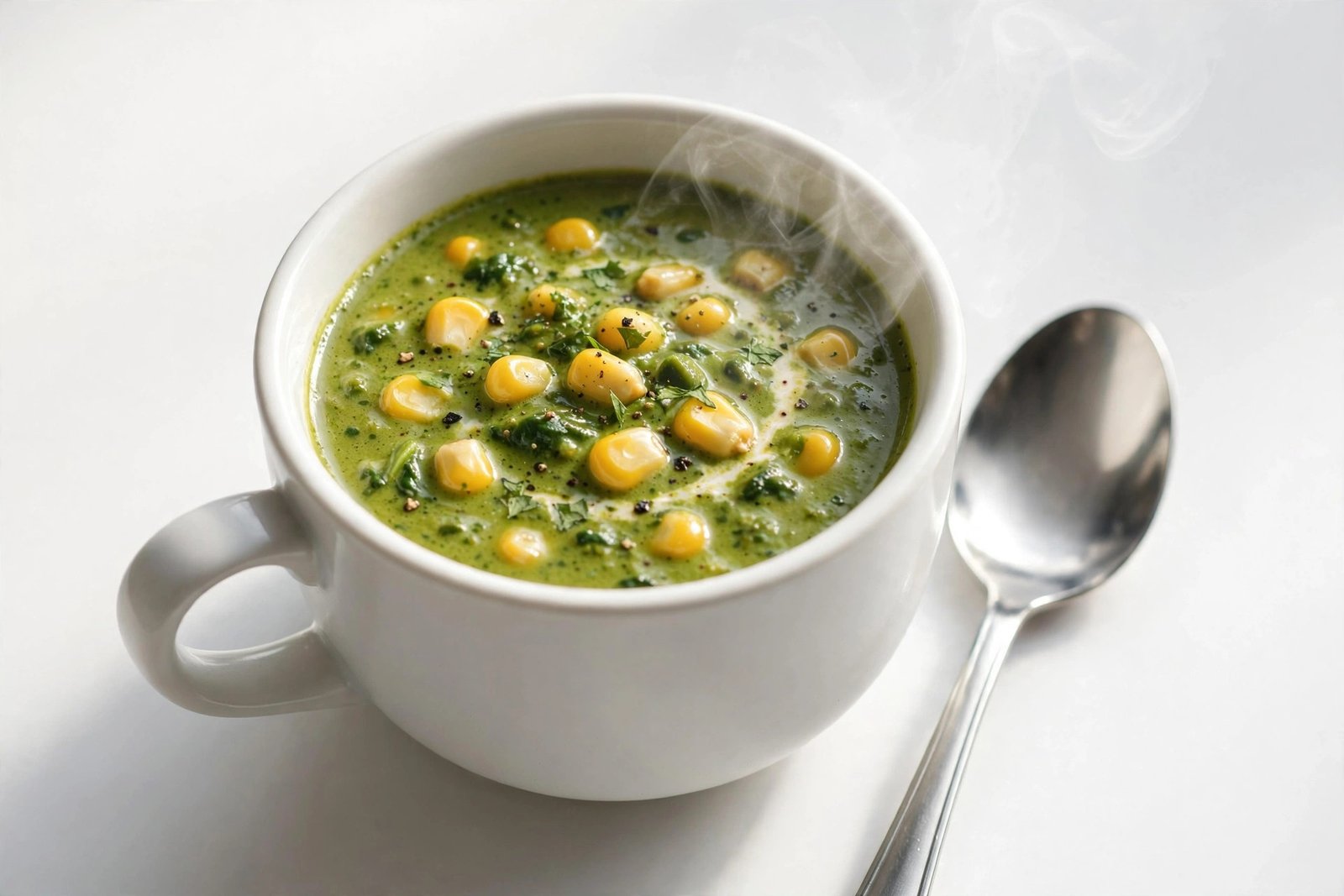 Palak corn soup in a white soup cup