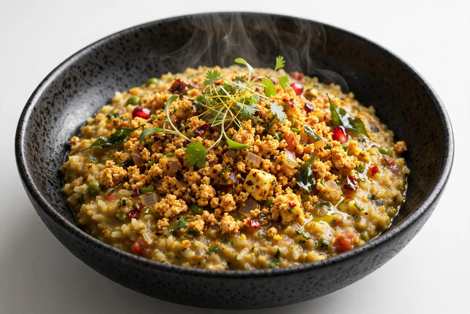 Paneer bhurji khichdi in a dark premium bowl