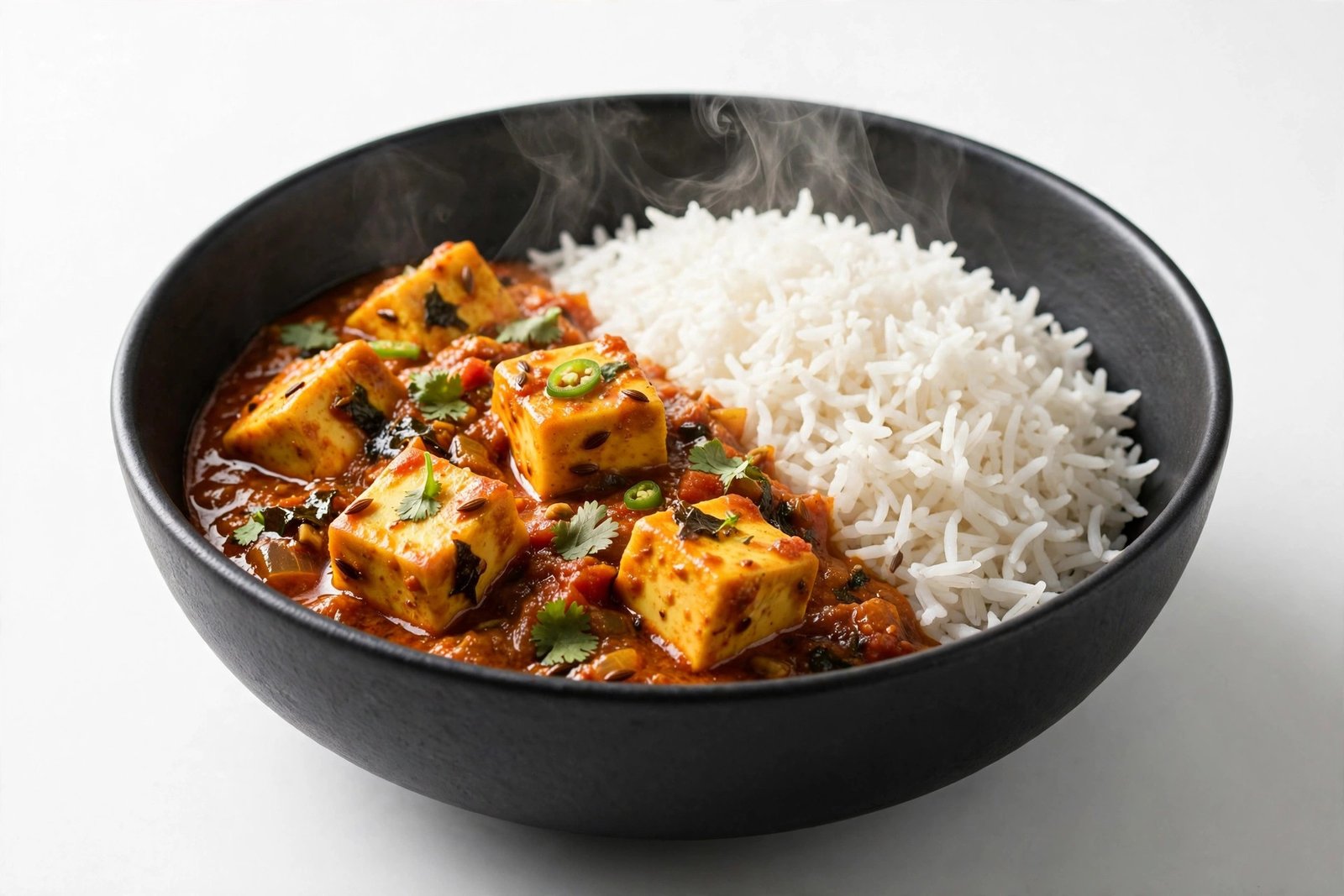 Paneer masala with rice in a black bowl