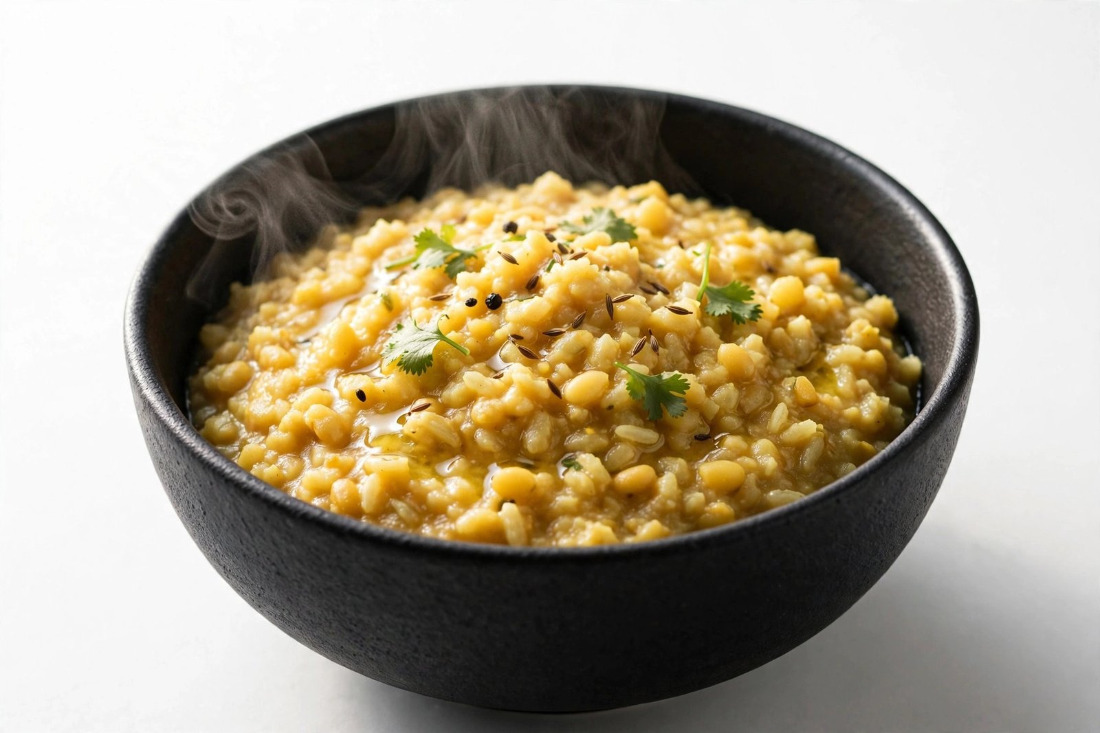 Plain moong dal khichdi in a matte black bowl