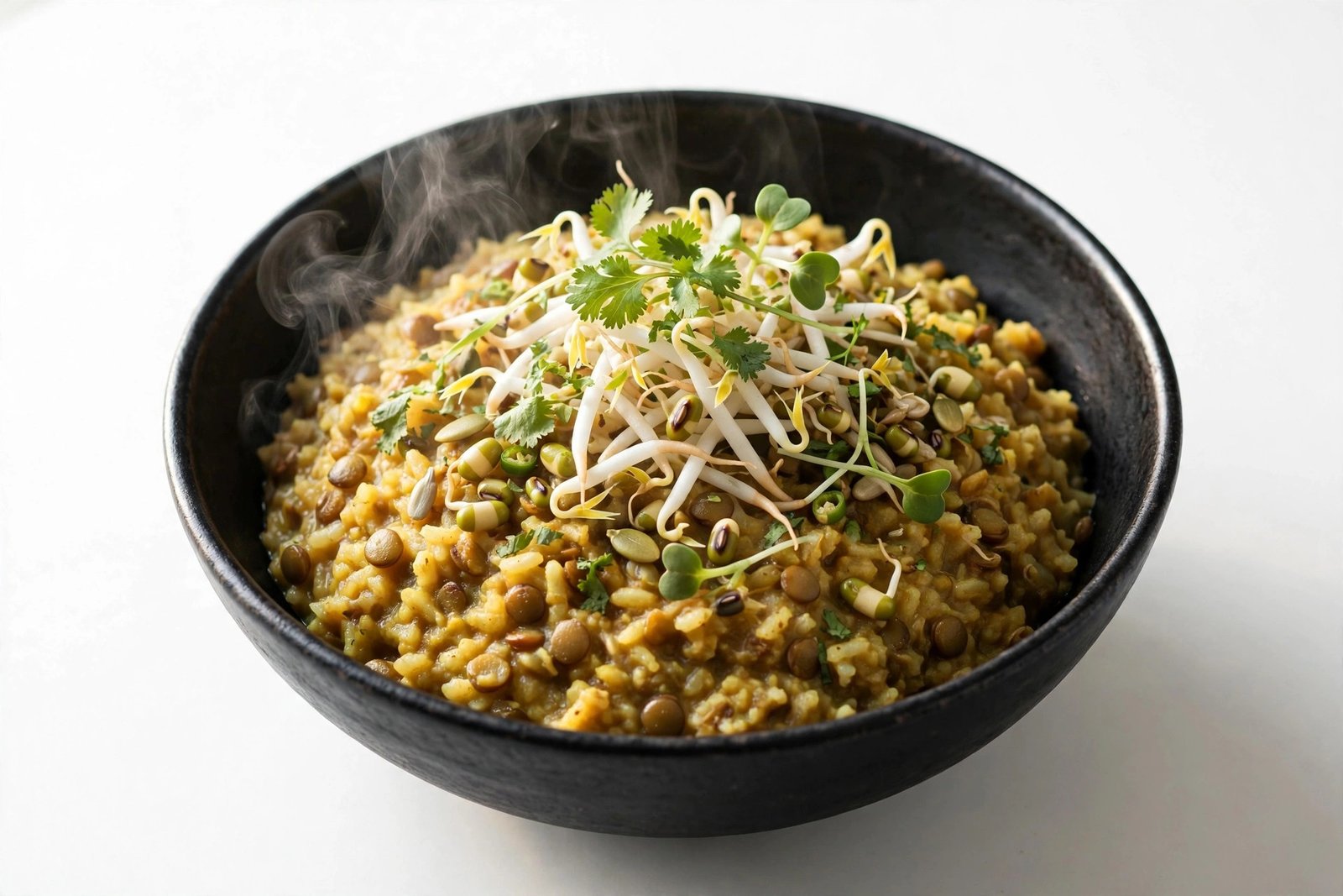 Protein punch khichdi in a black bowl