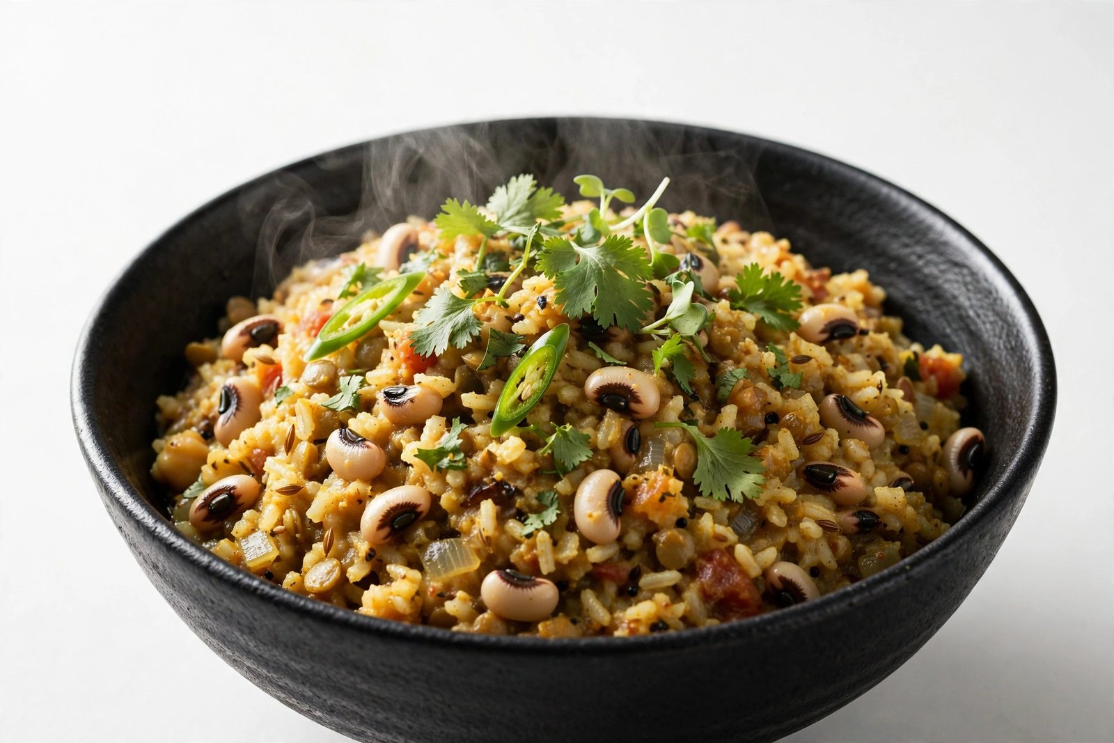 Protein rich lobiya khichdi in a black bowl