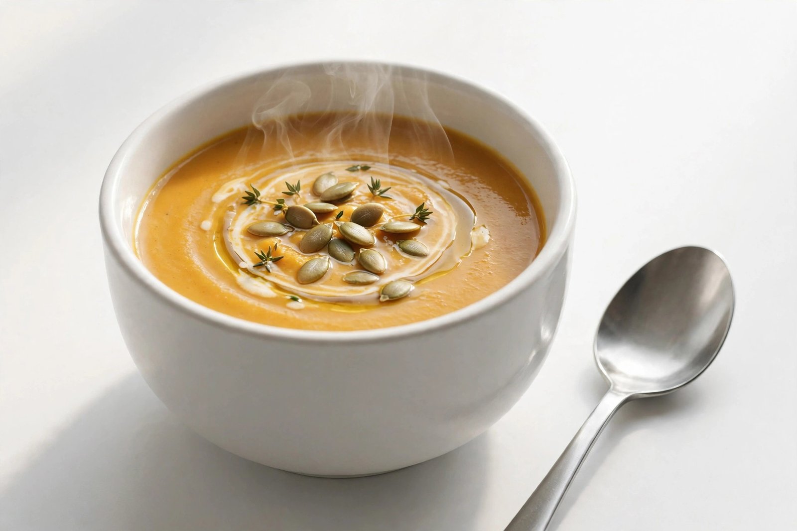 Pumpkin soup in a white soup cup