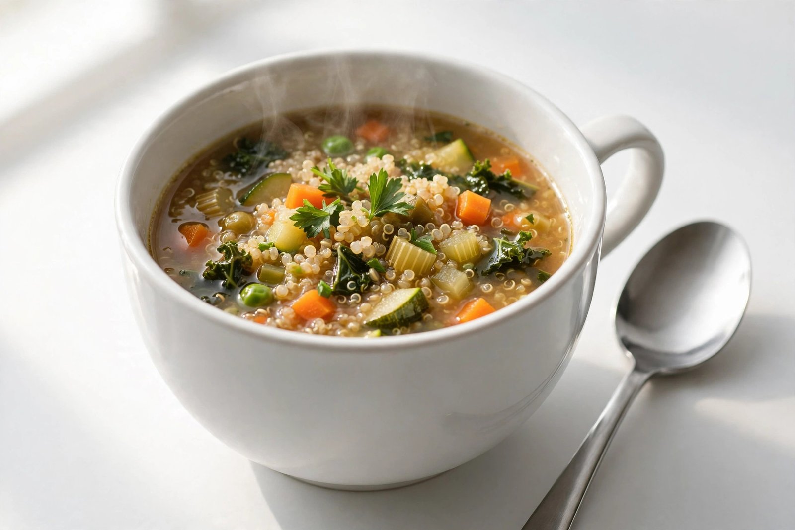 Quinoa soup in a white soup cup