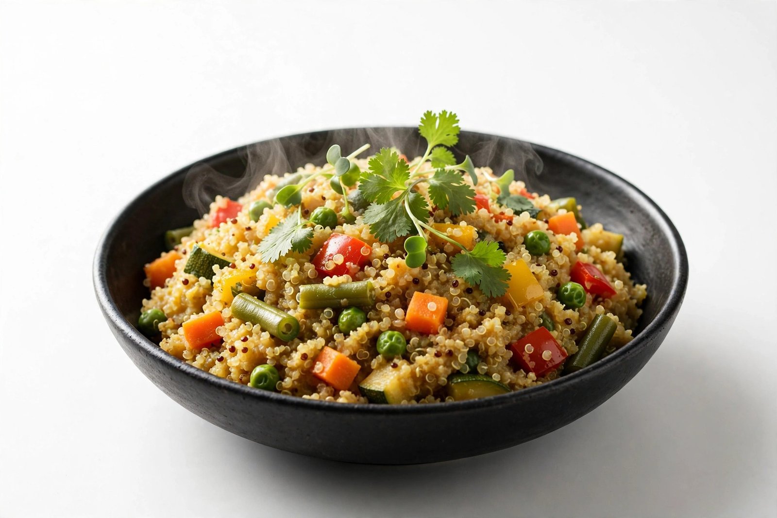 Quinoa veg khichdi in a black bowl