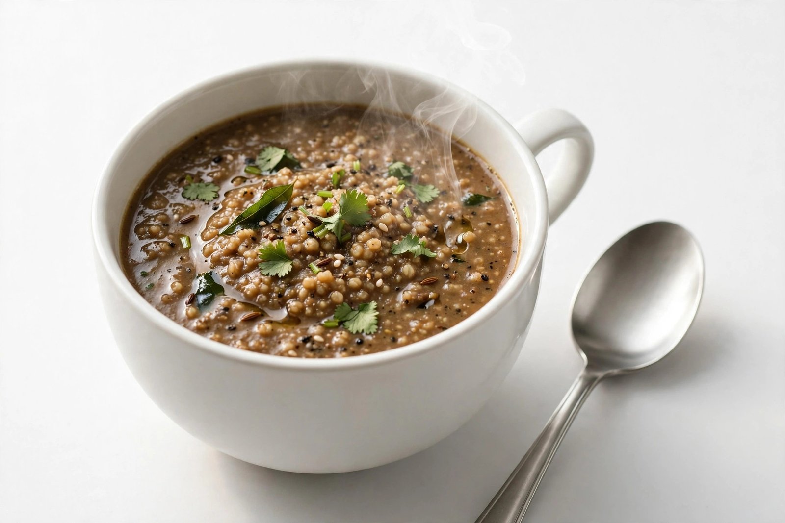 Ragi soup in a white soup cup
