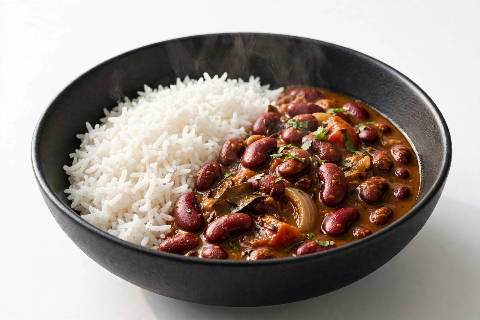 Rajma chawal in a black bowl