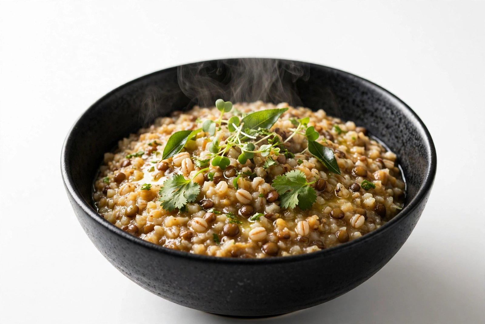 Saat dhan seven-grain khichdi in a black bowl