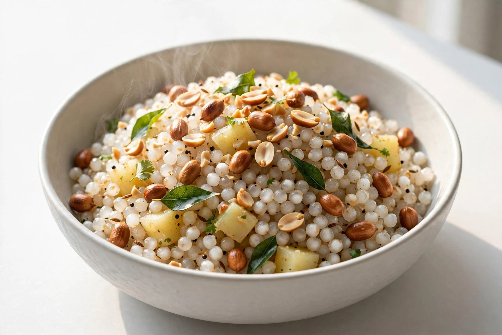 Sabudana khichdi with peanuts in a white ceramic bowl