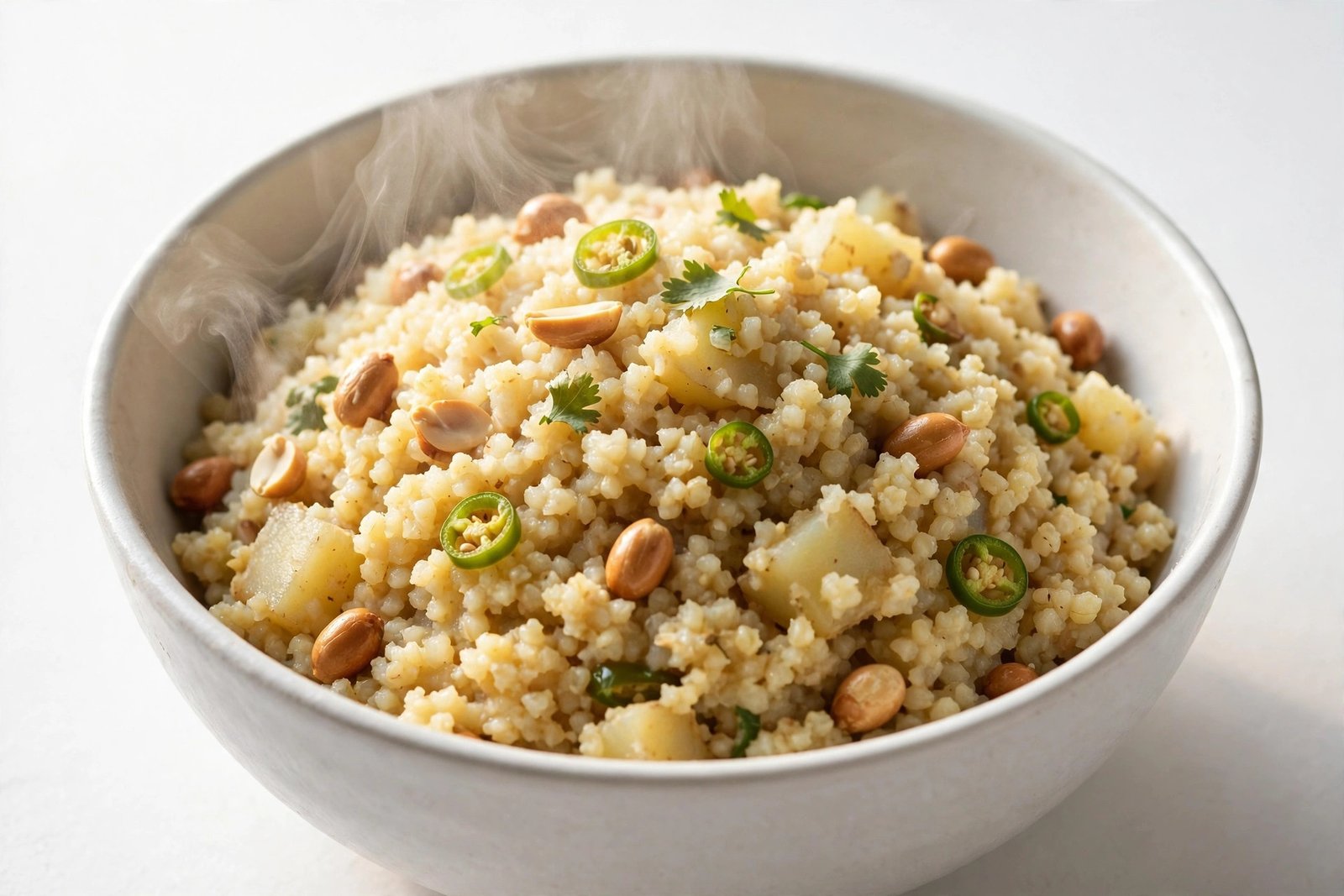 Sama barnyard millet khichdi in a white ceramic bowl