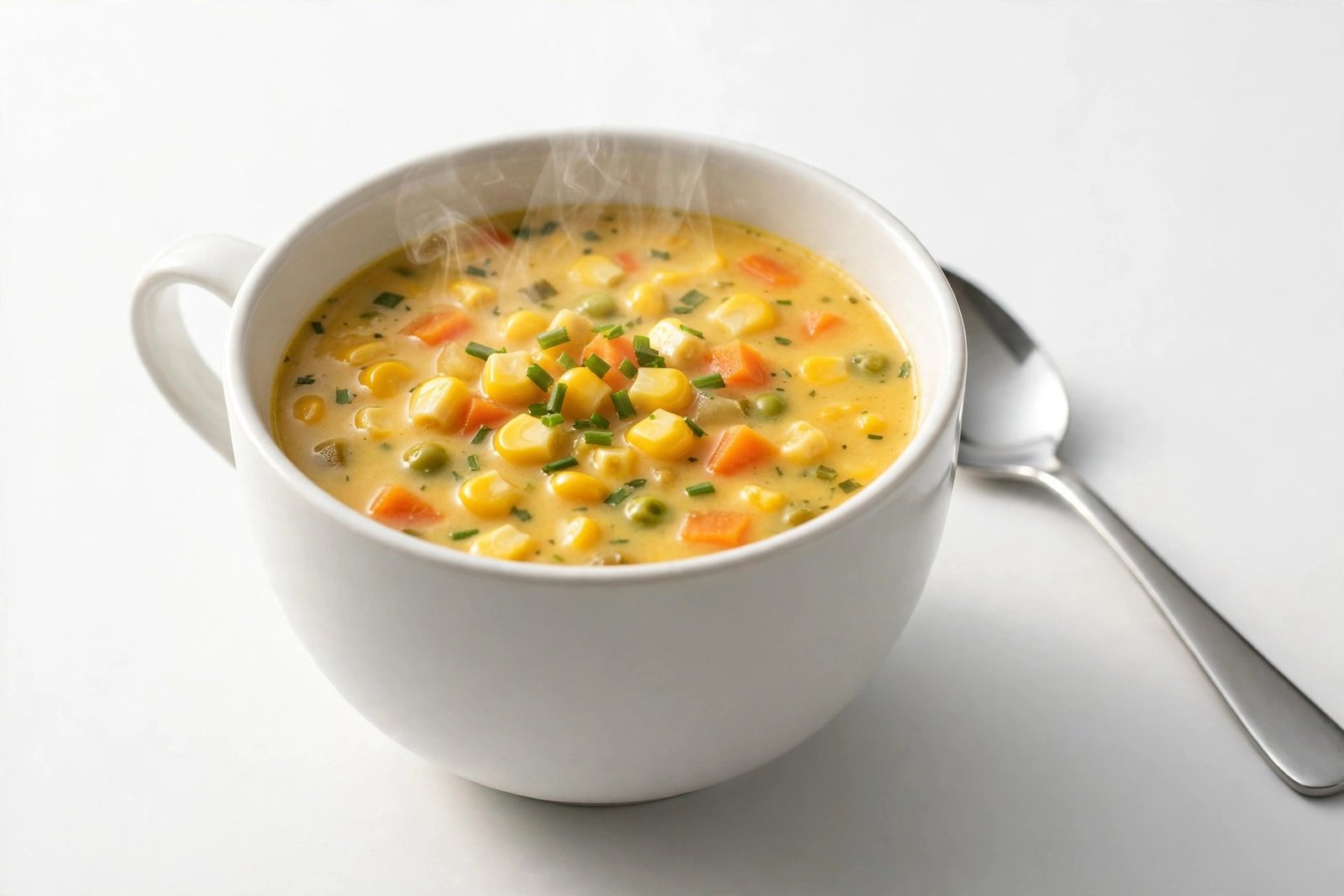 Sweet corn veg soup in a white soup cup