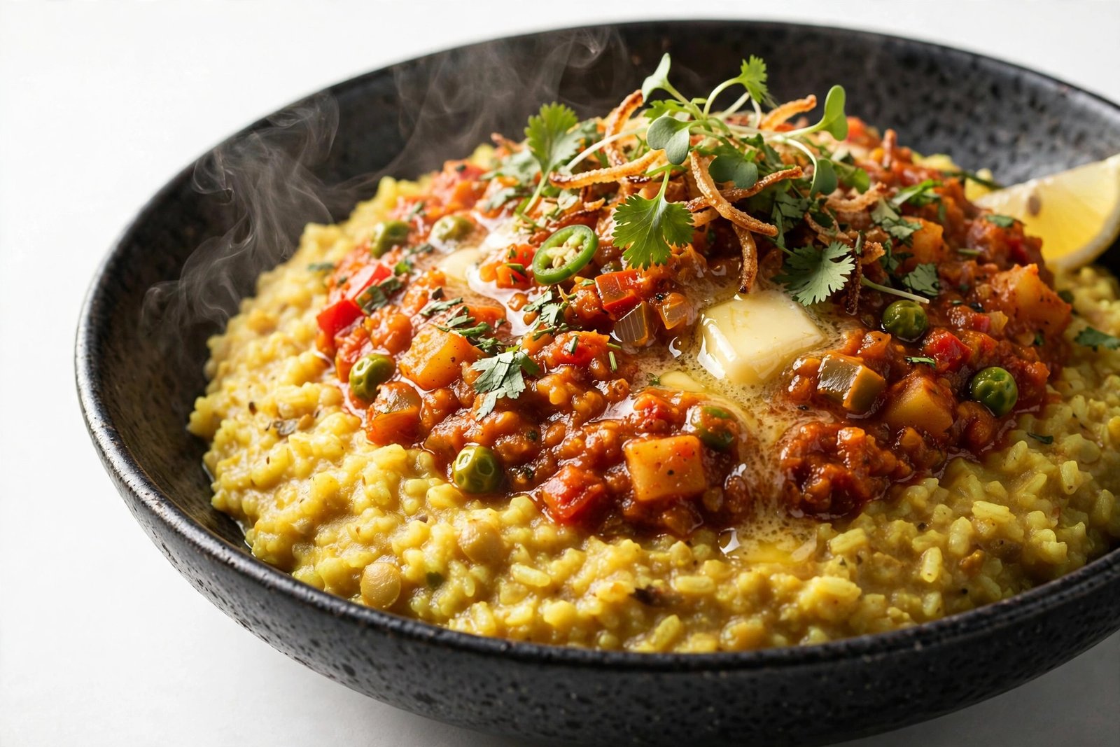 Tawa bhaji khichdi in a dark premium bowl