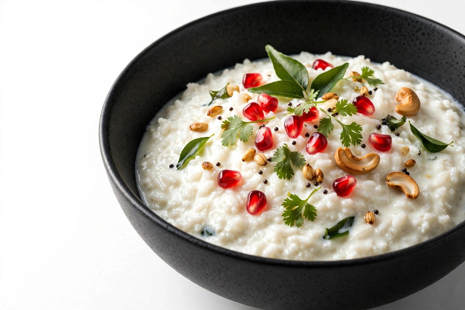 Thayir sadam curd rice in a black bowl