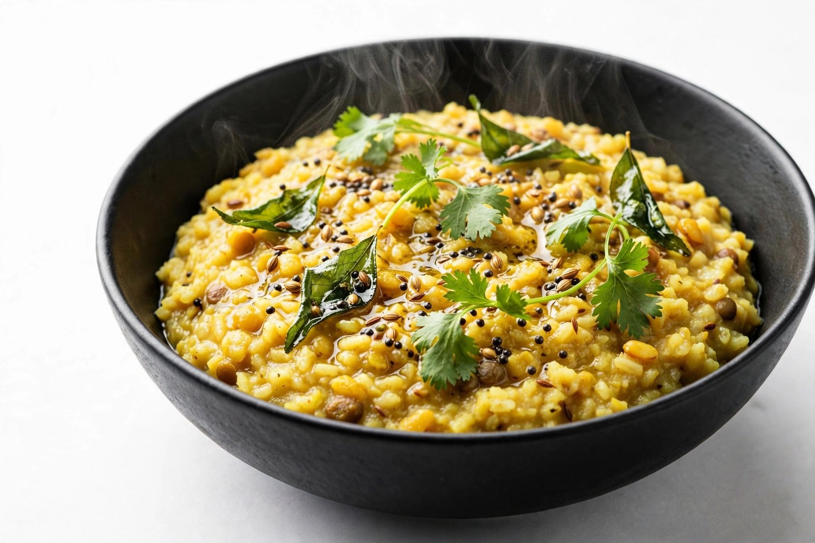 Vaghareli khichdi with mustard tadka in a matte black bowl