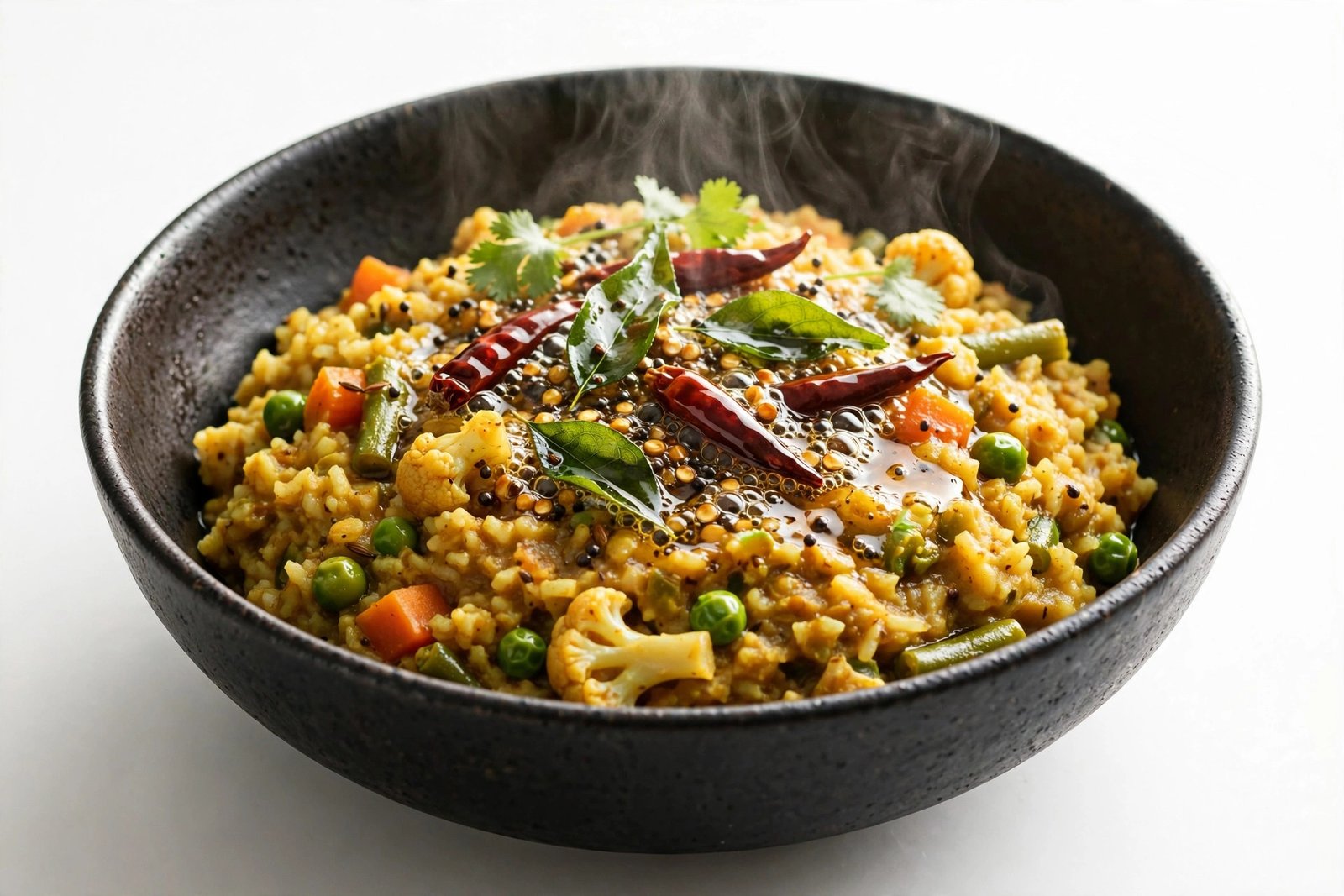 Veg masala tadka khichdi in a matte black bowl