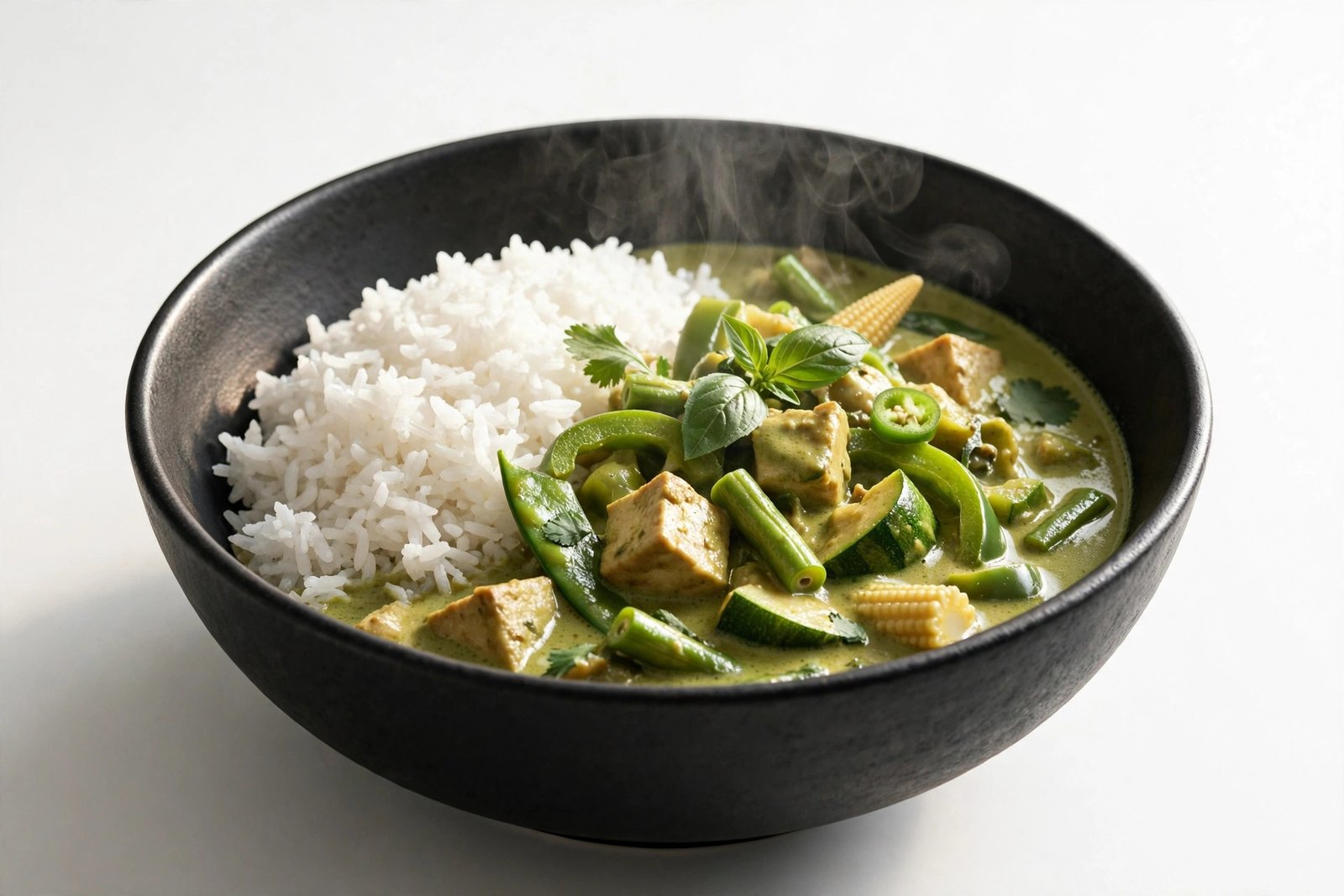 Veg Thai curry with rice in a black bowl